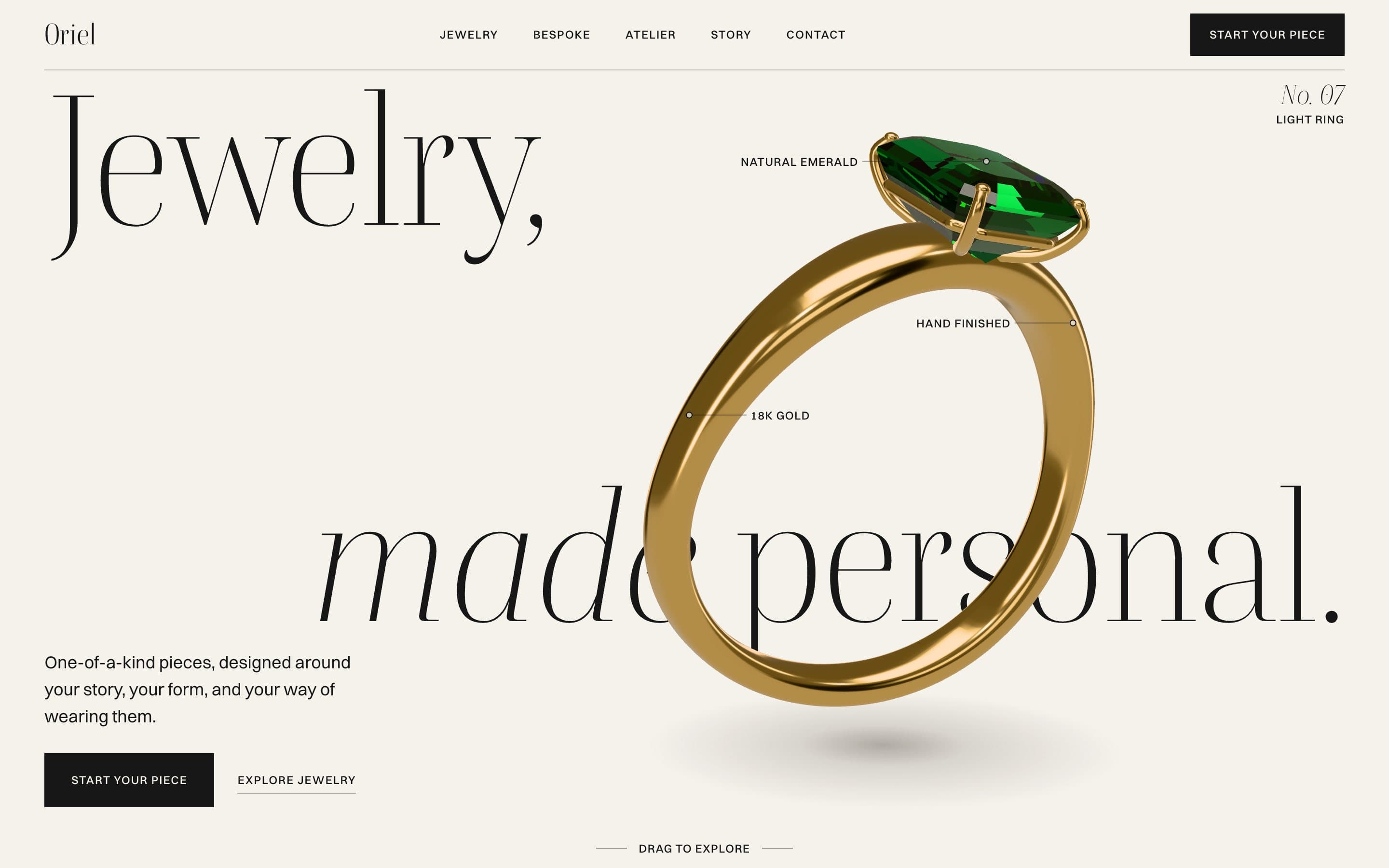 Oriel, Landing Page · 3D Interaction