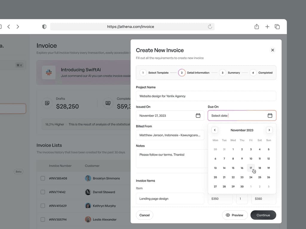 Create invoice dialog with a date picker