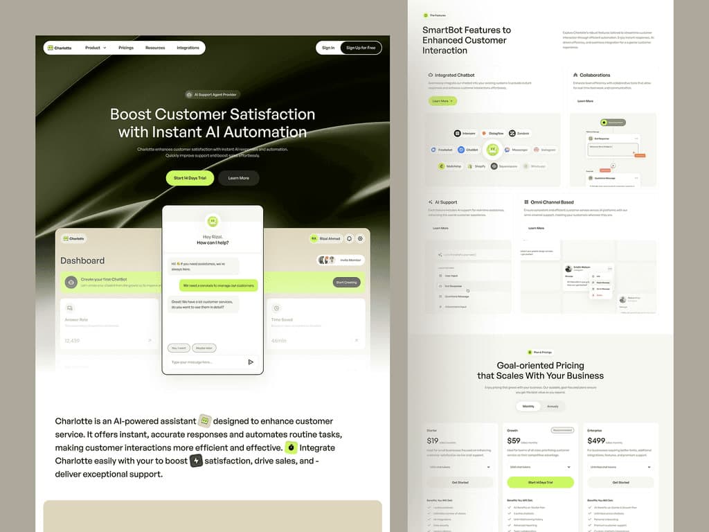 Landing page for an AI customer service assistant