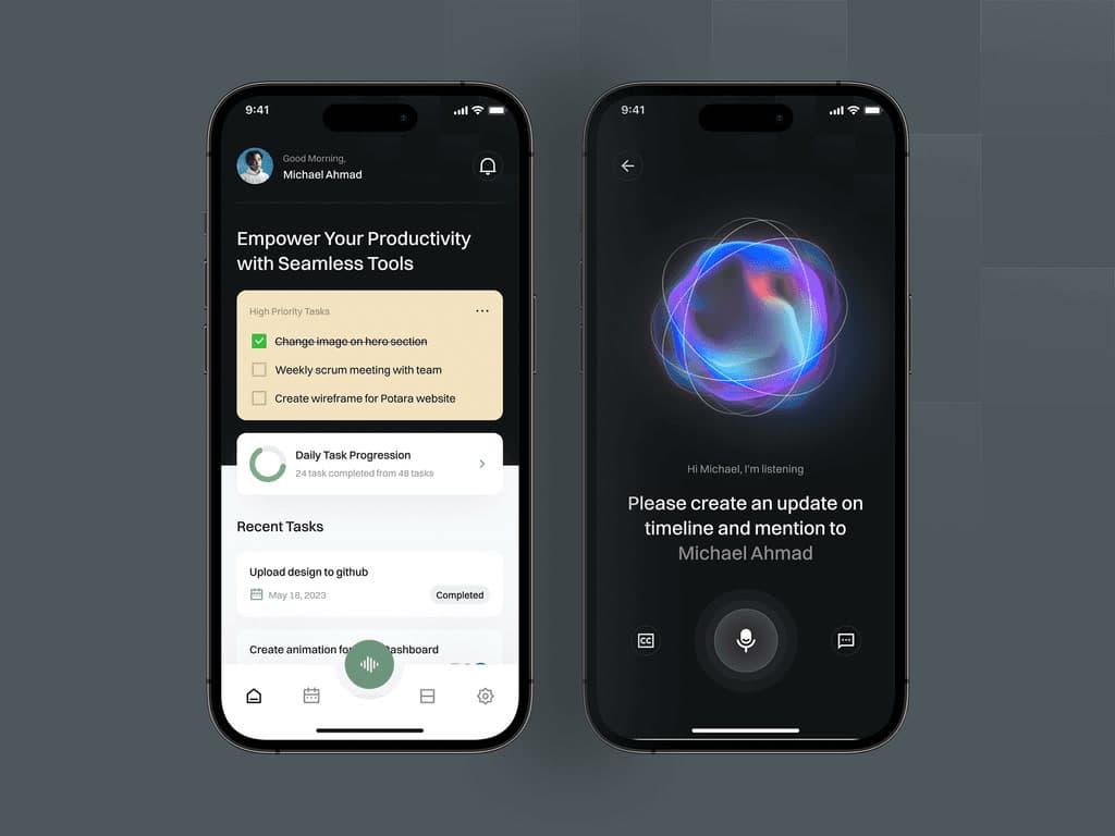 Productivity app with a voice assistant, two phone screens