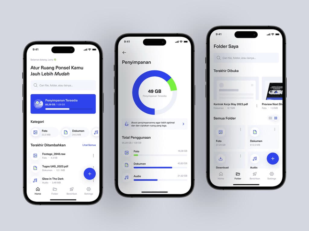 Cloud storage app, three phone screens