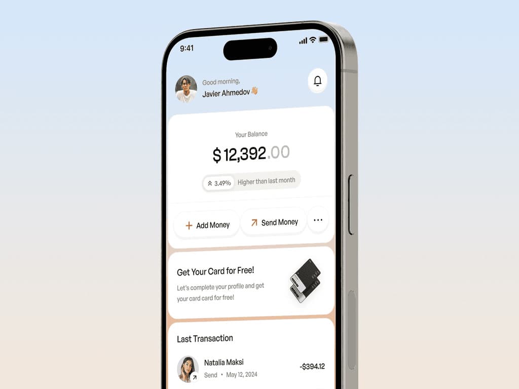 Wallet app home screen with balance and transactions