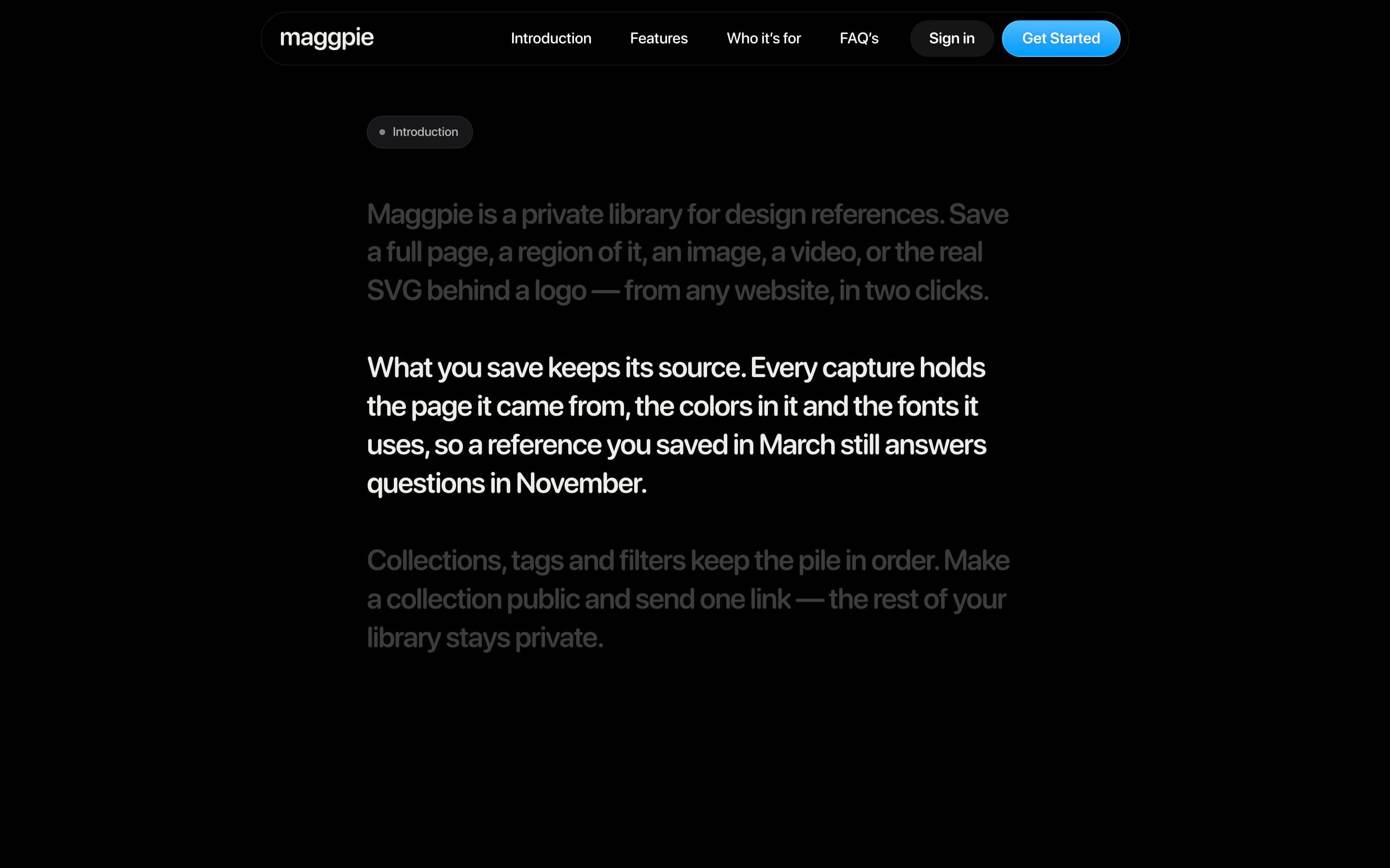 Product description set in large type on a dark background