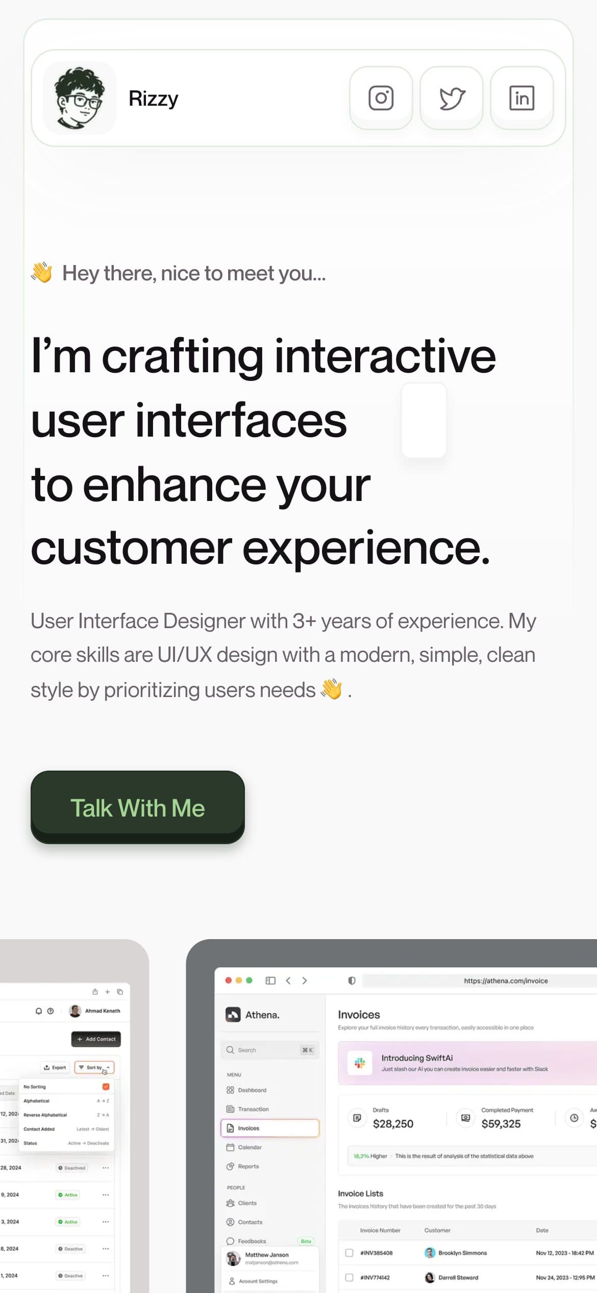 The portfolio on a phone, screen 1 of 3